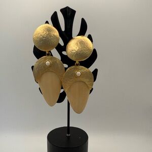 Vintage Lazuli Hammered Gold Tone & Light Wood Drop Earrings